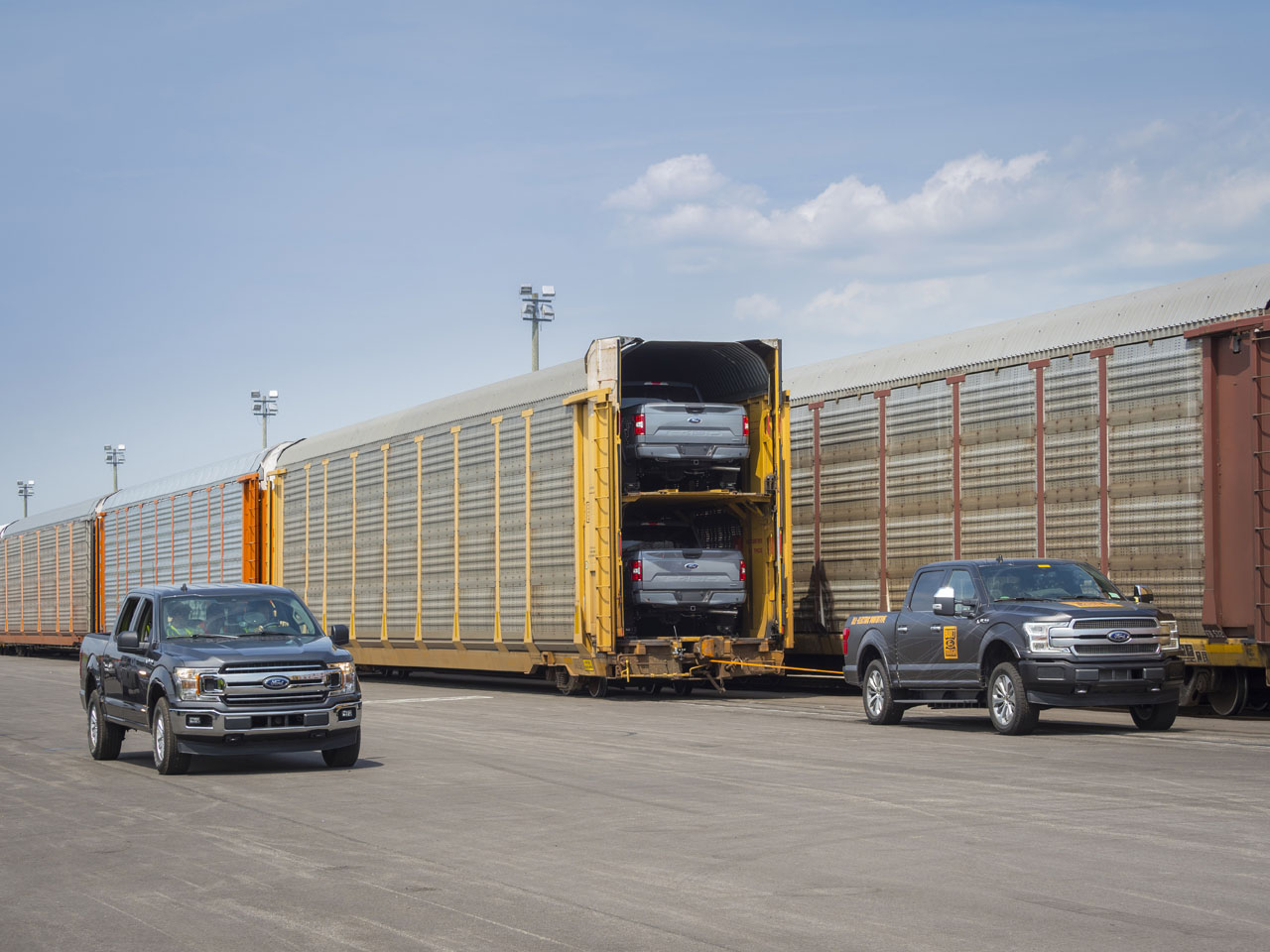 An all-electric Ford F-150 prototype during a capability test. The battery-powered truck successfully towed more than 1.25 million pounds of rail cars and trucks during the test.